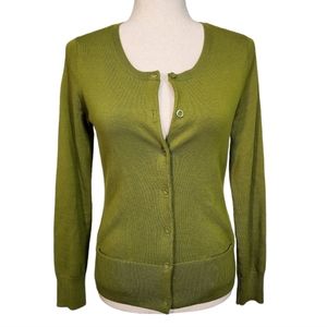 J.Jill Lime Green Round Neck Button Up Cardigan Sweater Hidden Pockets XS